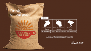 Beyond Blend coffee beans burlap bag in support of Alight humanitarian efforts