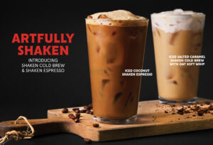 Two drinks including iced coconut shaken espresso and iced salted caramel shaken cold brew with oat soft whip